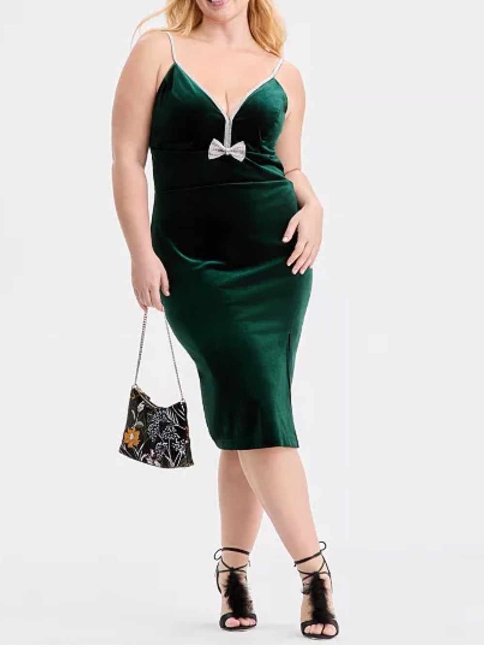 NWT Pear Culture Rhinestone Bow Velvet Midi Dress